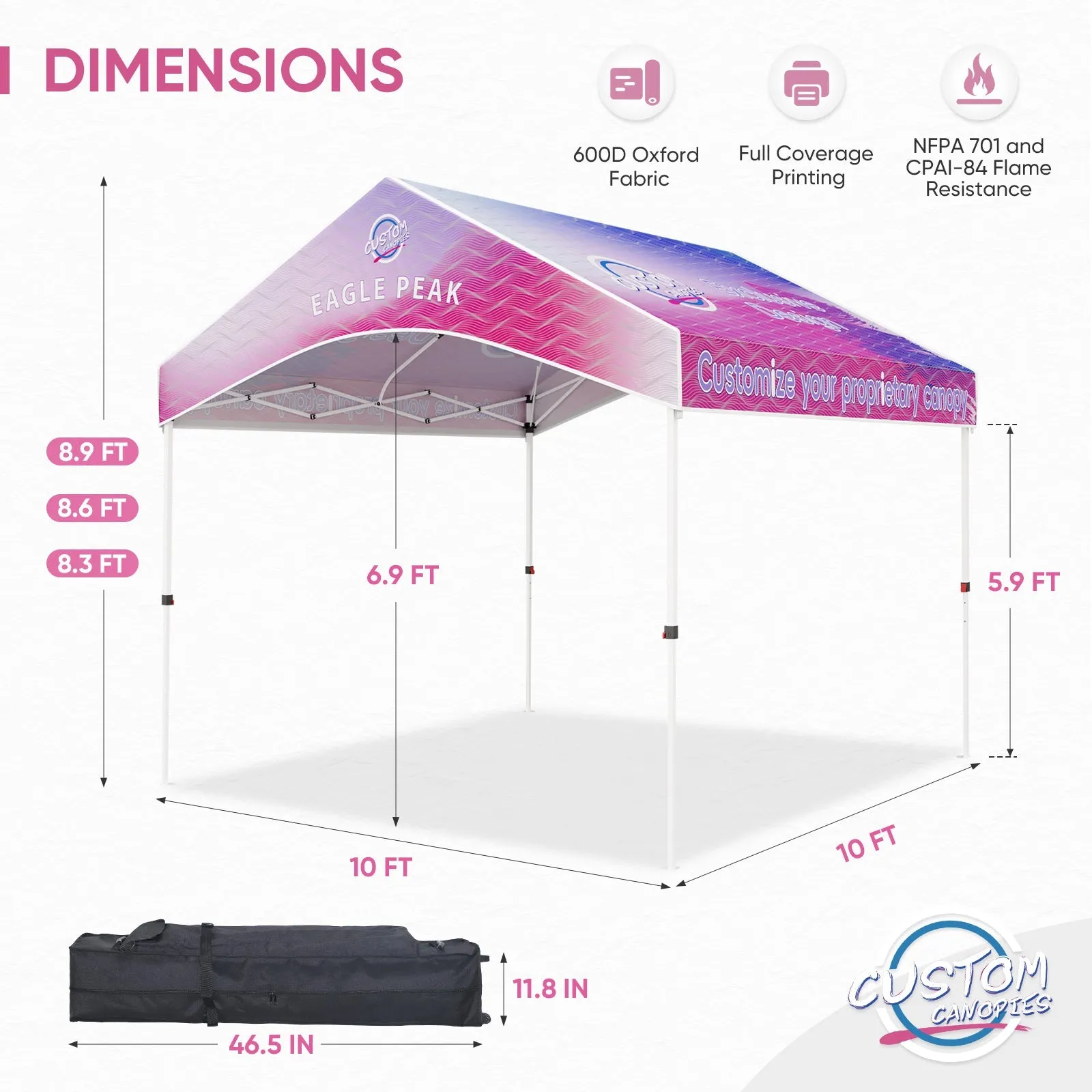 10x10 Alps Custom Commercial Canopy with 3 Wall Panels and Gable Roof, Pop Up Custom Canopy Tent with Logo