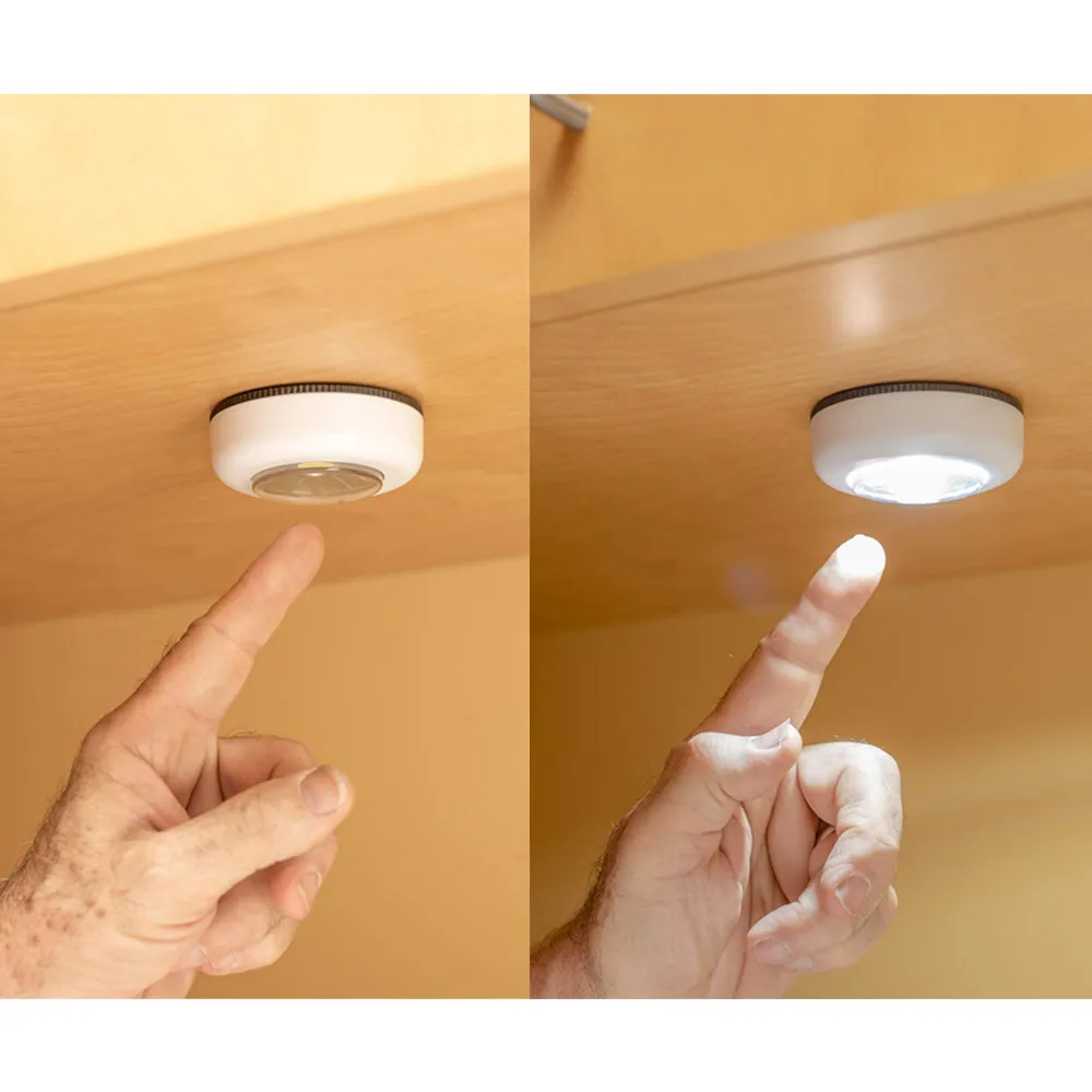 2 Pc White COB LED Night Light Tap Push Cabinet Wall Wireless Battery Operated