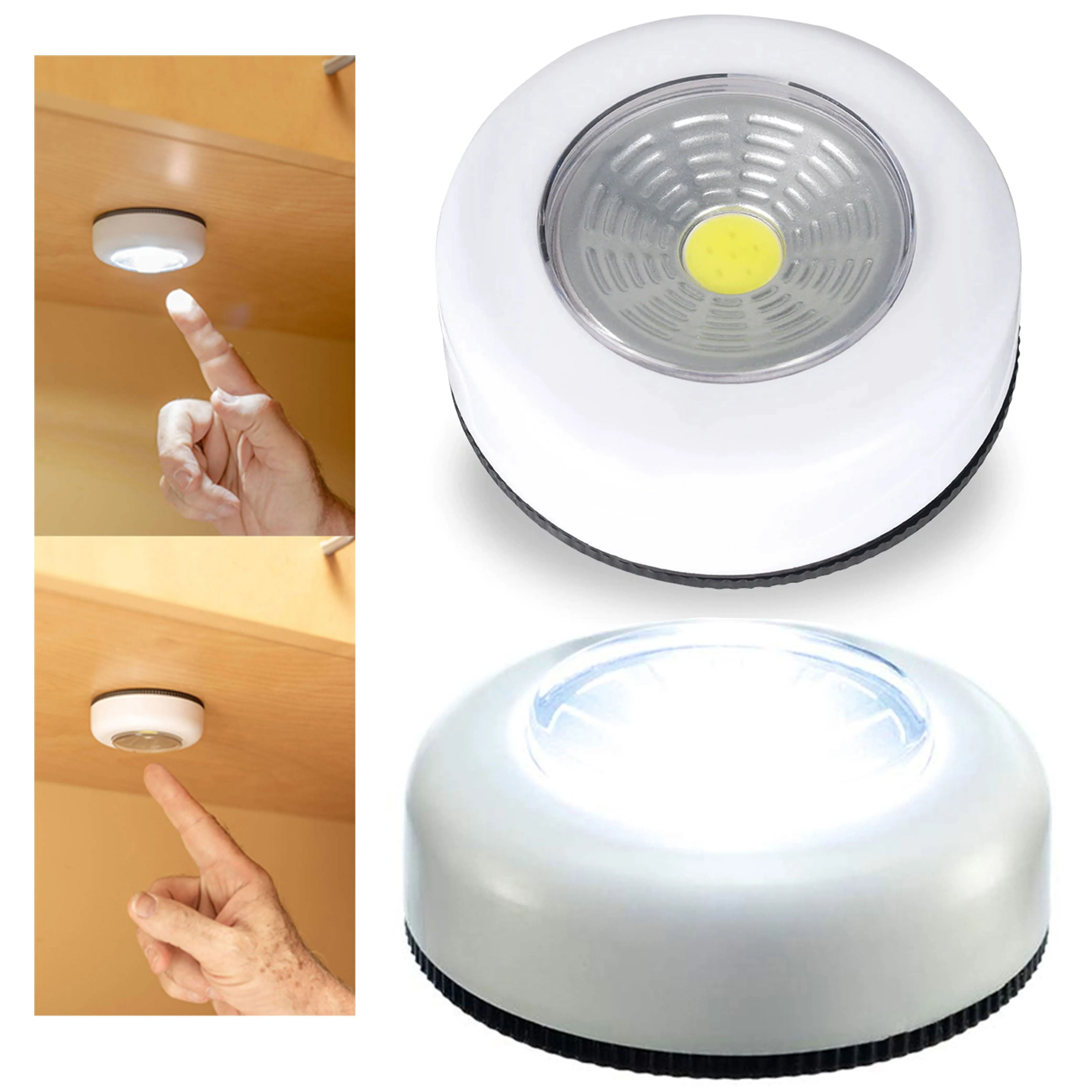 2 Pc White COB LED Night Light Tap Push Cabinet Wall Wireless Battery Operated