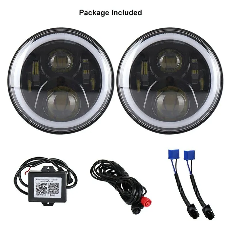 2 Pcs 7 Inch LED Headlight | DC 12V | 6000K-6500K | 50W | CREE LED | Jeep Wrangler / Harley | Bluetooth & App Control | Black