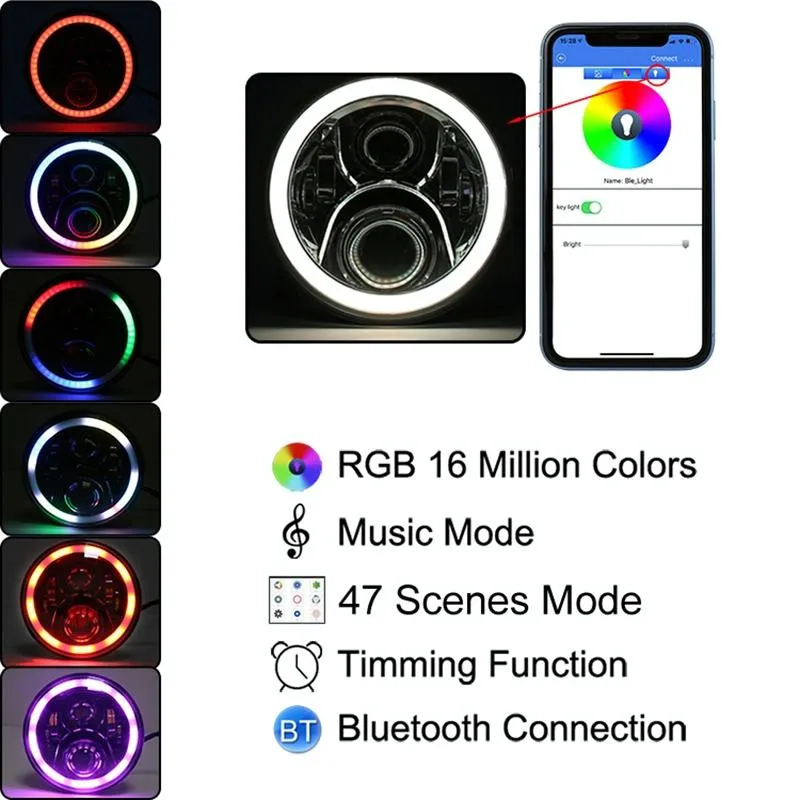 2 Pcs 7 Inch LED Headlight | DC 12V | 6000K-6500K | 50W | CREE LED | Jeep Wrangler / Harley | Bluetooth & App Control | Black