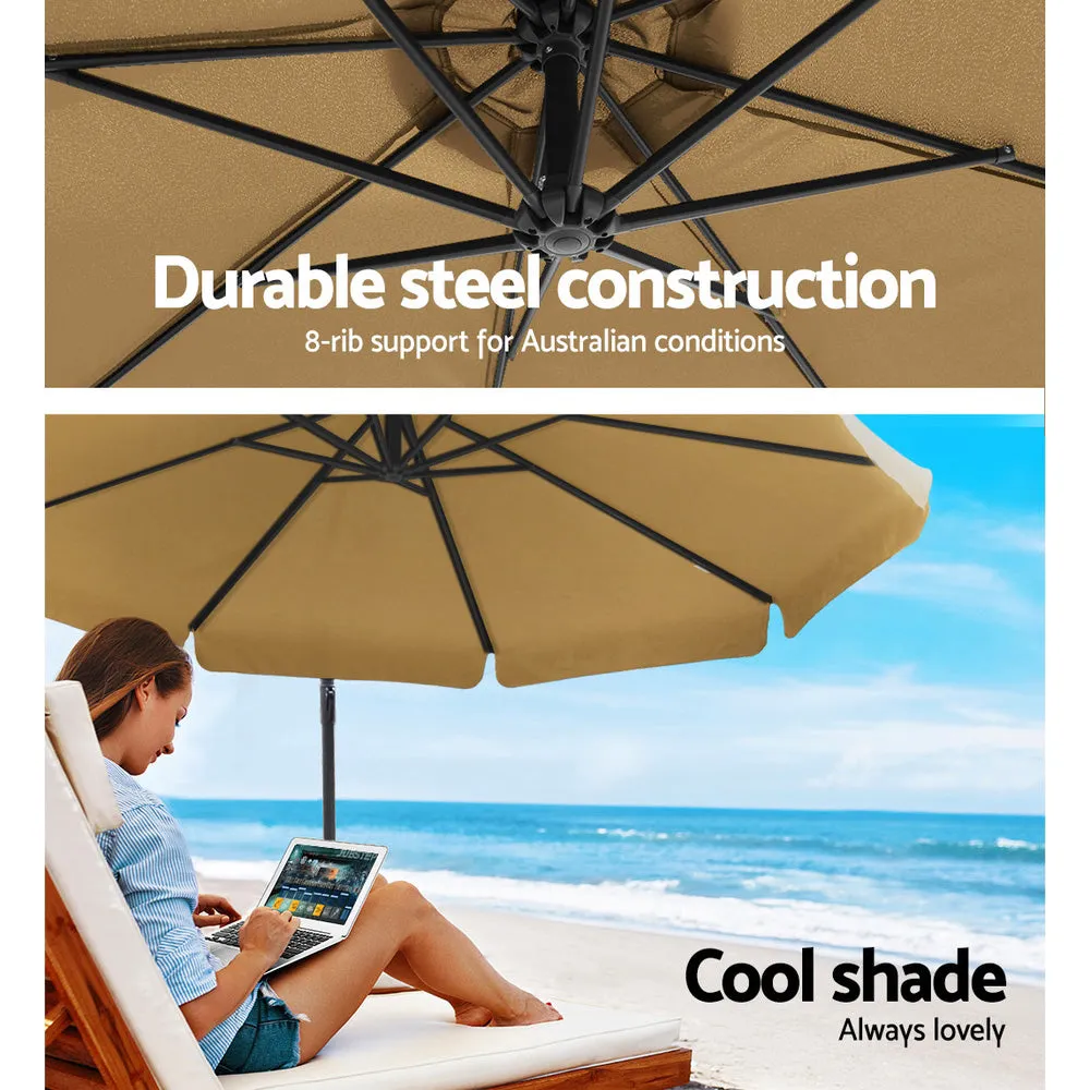 3m Outdoor Umbrella | w/Base | Cantilever | Garden Patio Beach | Beige