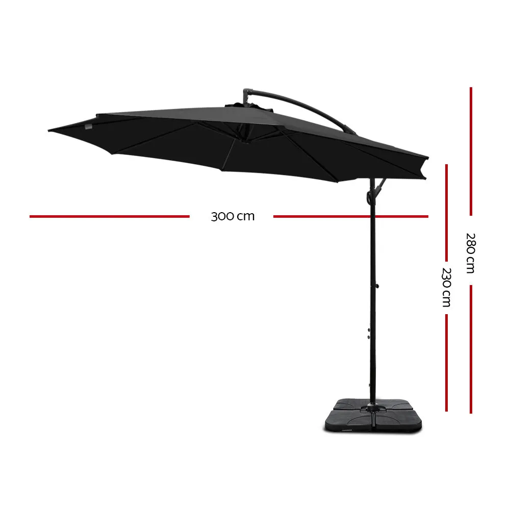 3m Umbrella | w/Base | Outdoor Cantilever Beach Garden Patio Parasol | Black