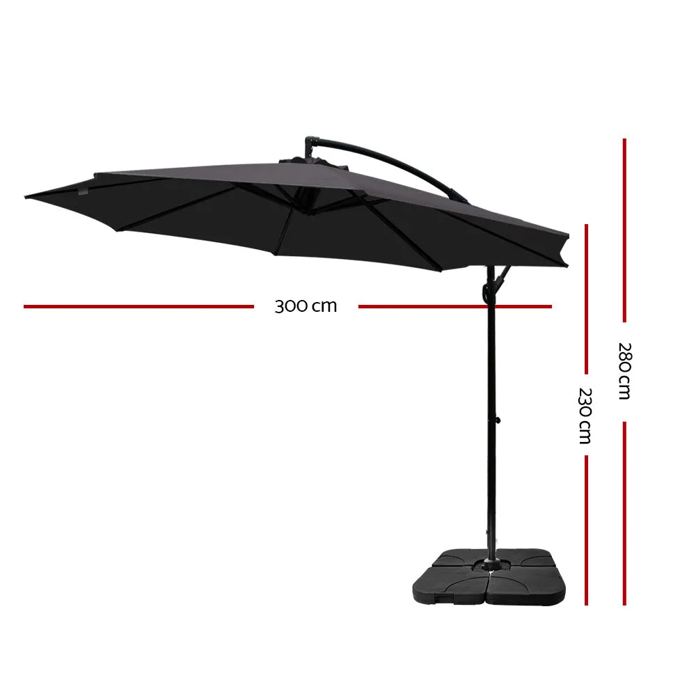 3m Umbrella | w/Base | Outdoor Cantilever Beach Garden Patio Parasol | Charcoal