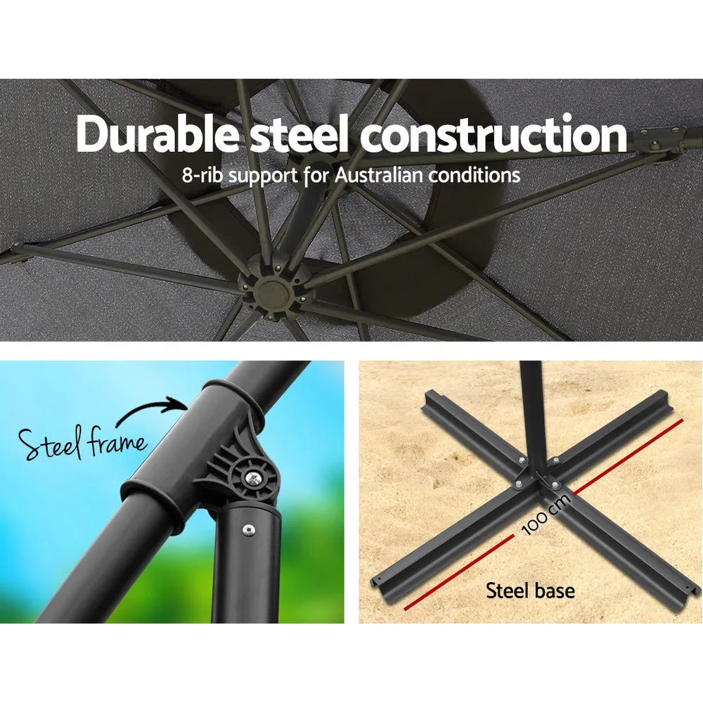 3m Umbrella | w/Base | Outdoor Cantilever Beach Garden Patio Parasol | Charcoal