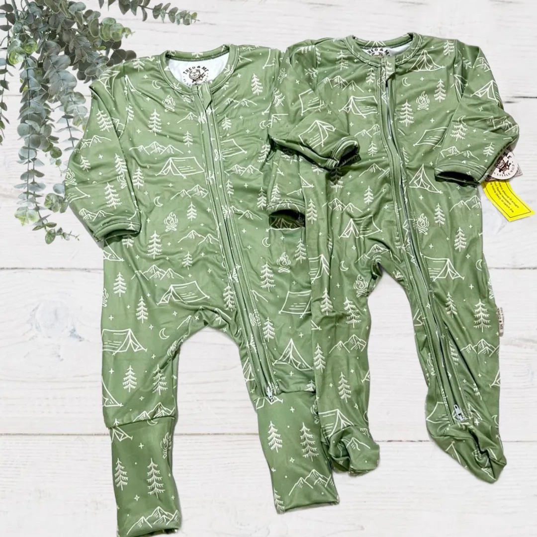 Baby Boys Double Zipper Soft Sleeper - Green Doodle Mountain Camp