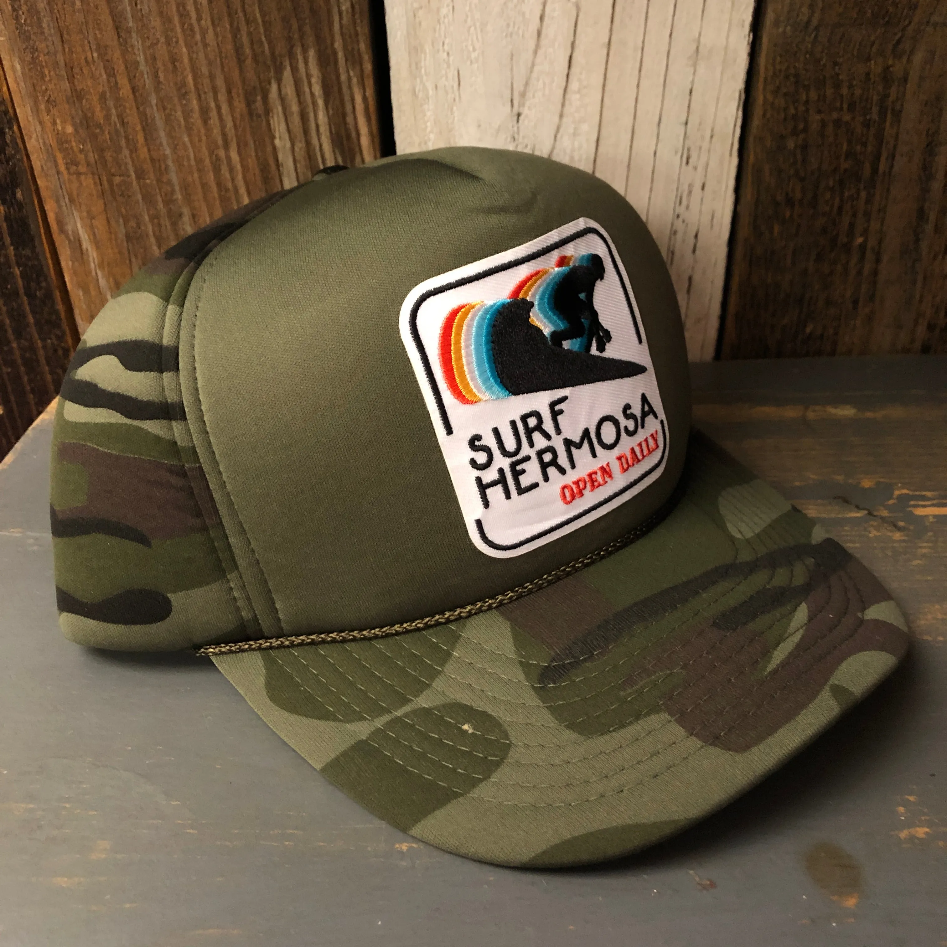 Hermosa Beach SURF HERMOSA :: OPEN DAILY Camo Winter All Foam Cap Hat - Forest Camo