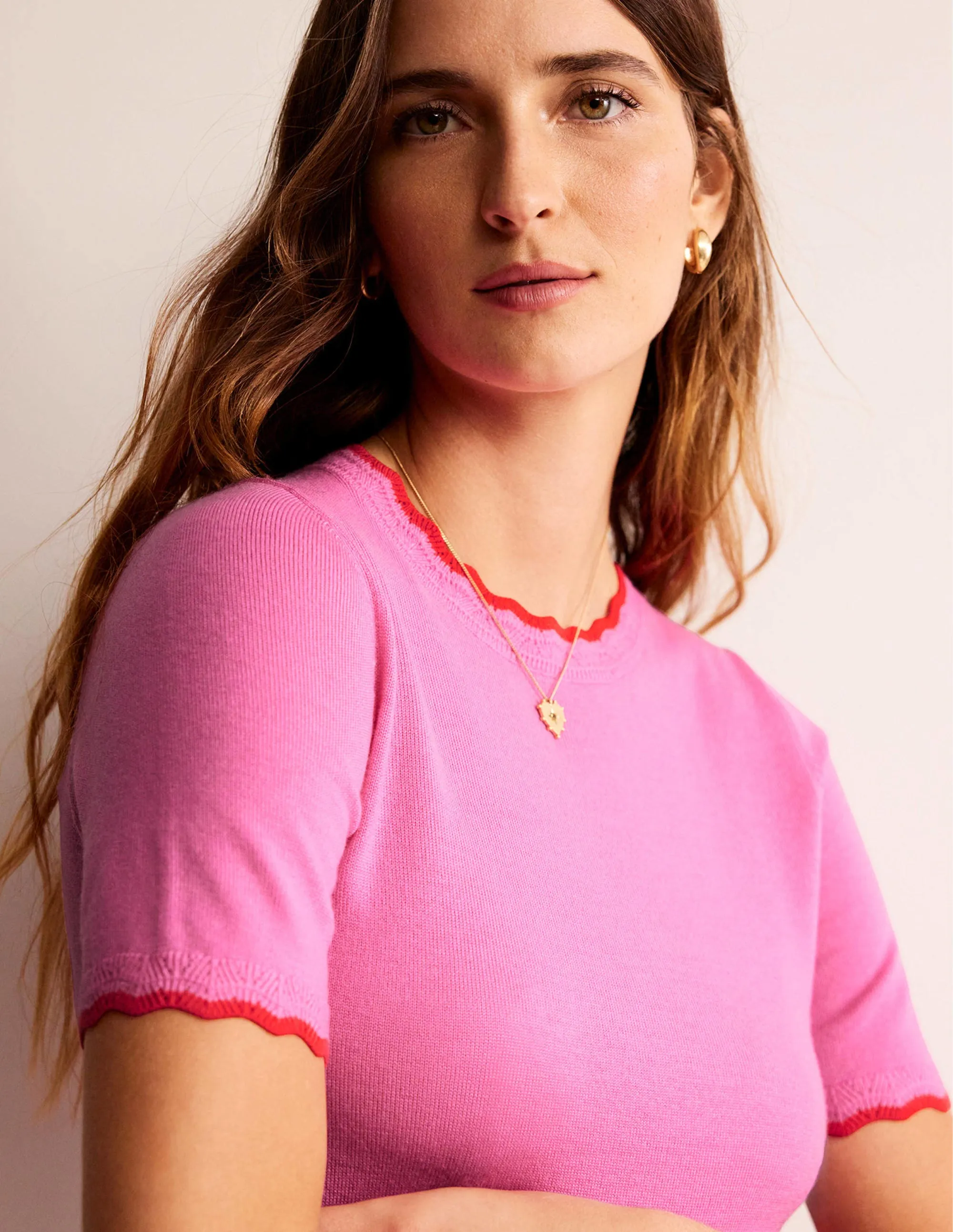 Merino Scalloped T-shirt-Mid Pink