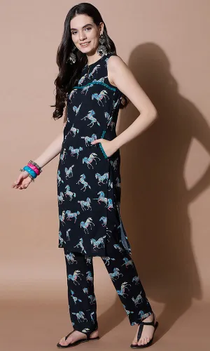 SLEEVELESS BLACK PRINTED COORD SET FOR WOMEN