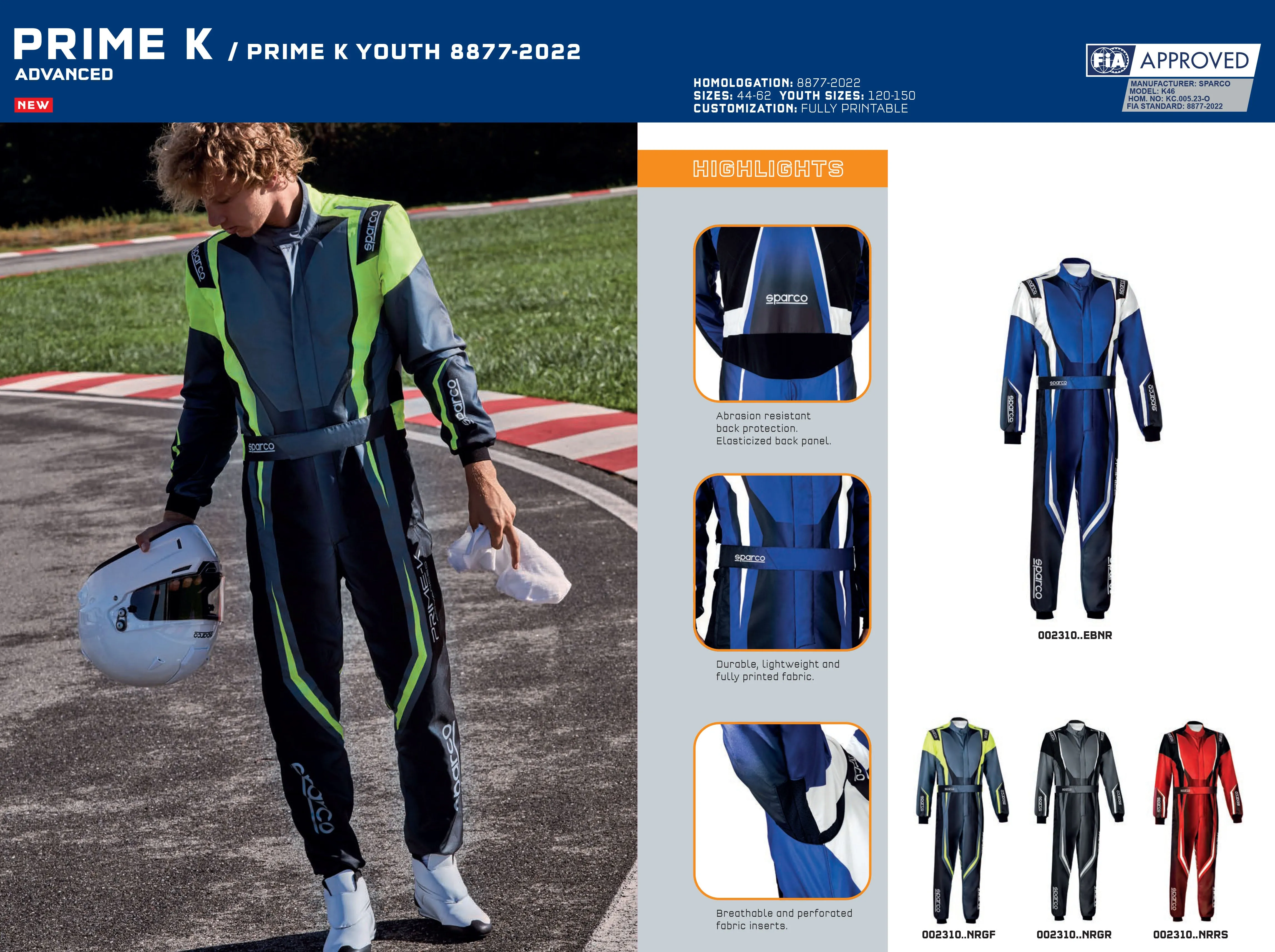 Sparco PRIME K Kart-Anzug K46 Advanced Kart-Overalls, FIA 8877-2022 zugelassen